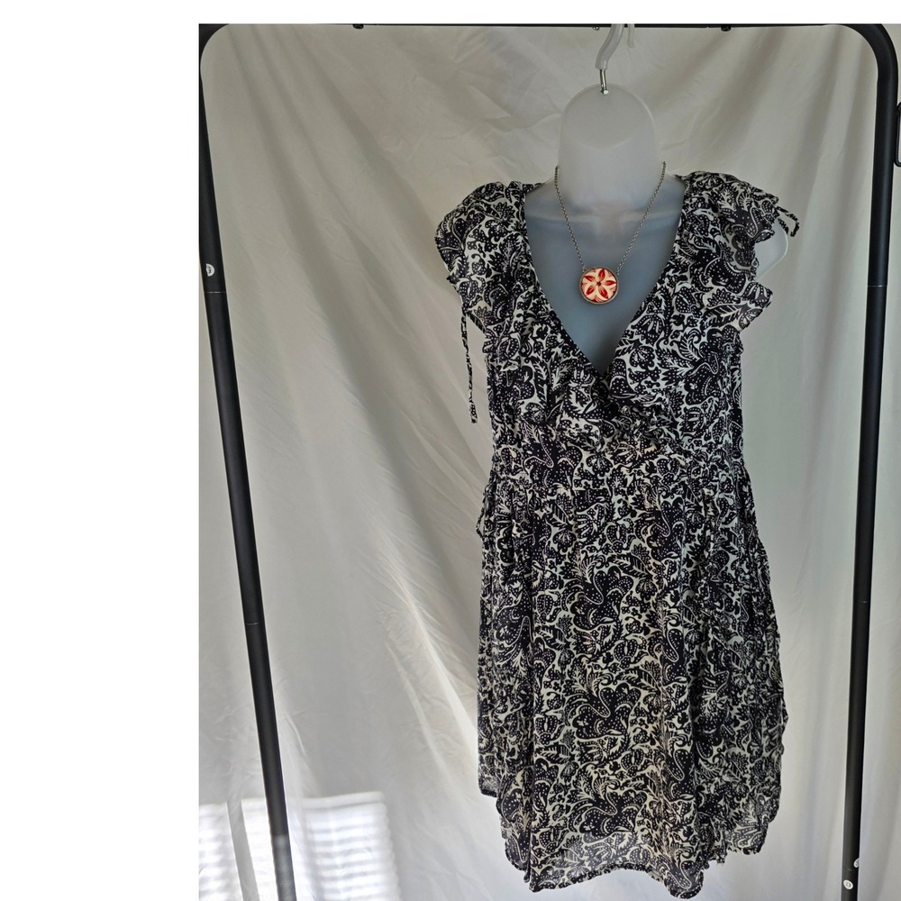 Banjanan Cotton Black White Floral Block Print Ruffle Mini Dress SM Tie Shoulder
